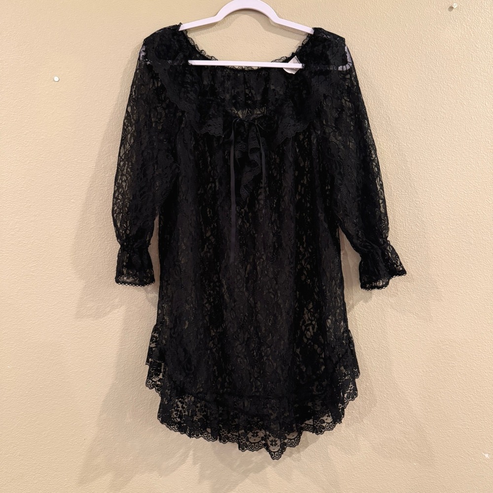 Vintage Sheer Floral Lace Babydoll Dress XL Black Ruffle Ribbon Tie Goth